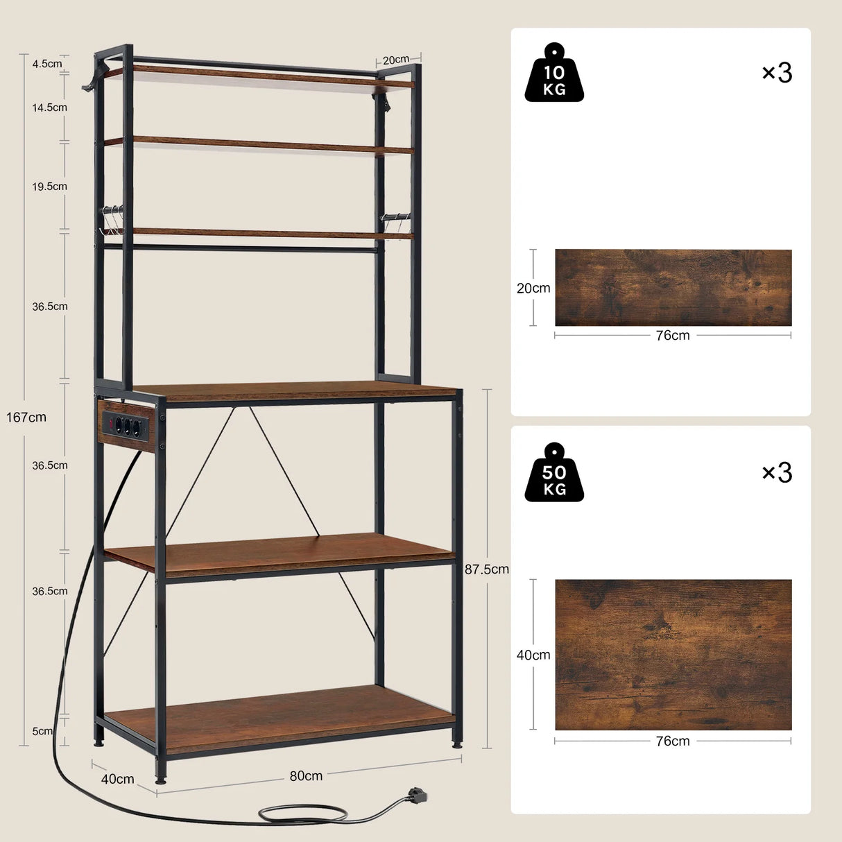 Industrieel keukenrek van BukkitBow met 6 open planken en geïntegreerd stopcontact, perfect voor keukenorganisatie en stijl