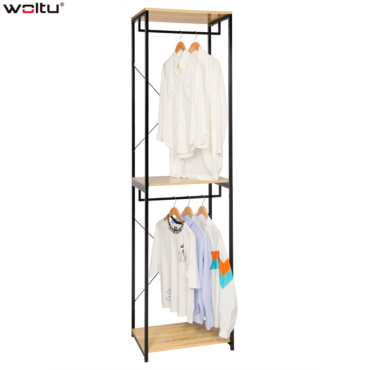 Industrieel kledingrek van BukkitBow met 2 roedes en legplanken, 213 cm hoog, geschikt voor kleding en accessoires