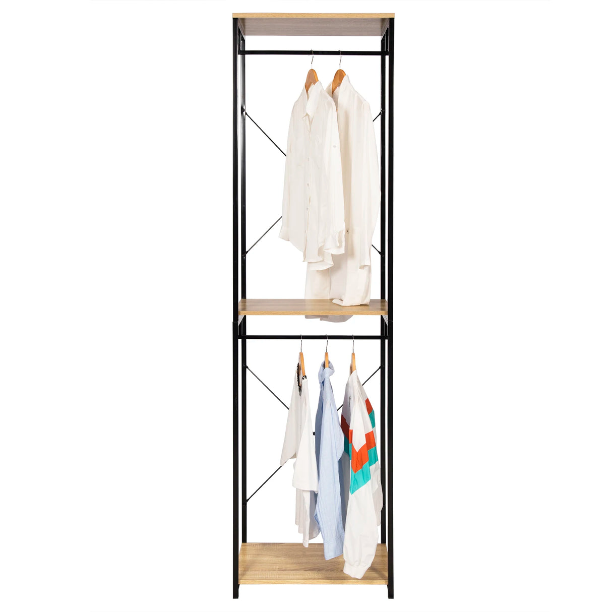 Industrieel BukkitBow kledingrek met 2 roedes en legplanken, 213 cm hoog, stevig metalen frame voor kledingopslag