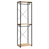 Industrieel BukkitBow kledingrek met 2 roedes en legplanken, 213 cm hoog, geschikt voor kledingopslag en presentatie.