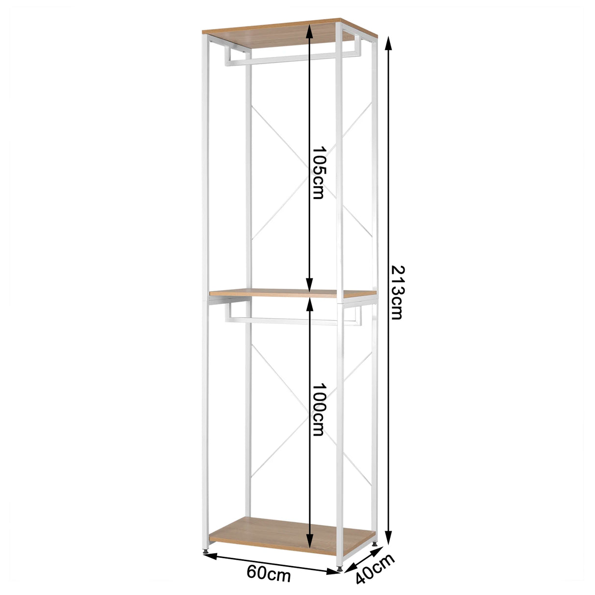 Industrieel BukkitBow kledingrek met 2 roedes en legplanken, 213 cm hoog, geschikt voor kleding en accessoires.