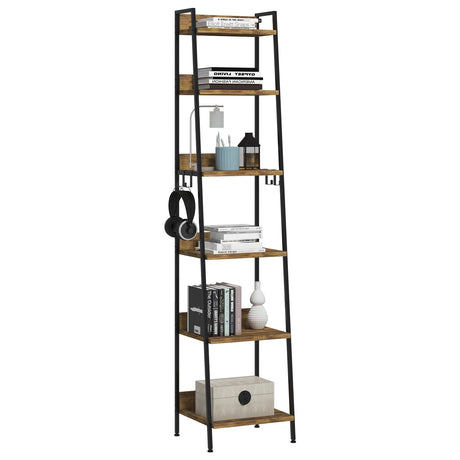 Industrieel ladderrek boekenkast van BukkitBow met 6 planken en 4 haken, gemaakt van metaal, geschikt voor interieurdecoratie.