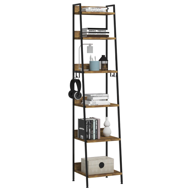 Industrieel ladderrek boekenkast van BukkitBow met 6 houten planken, 4 metalen haken en een stoer metalen frame.