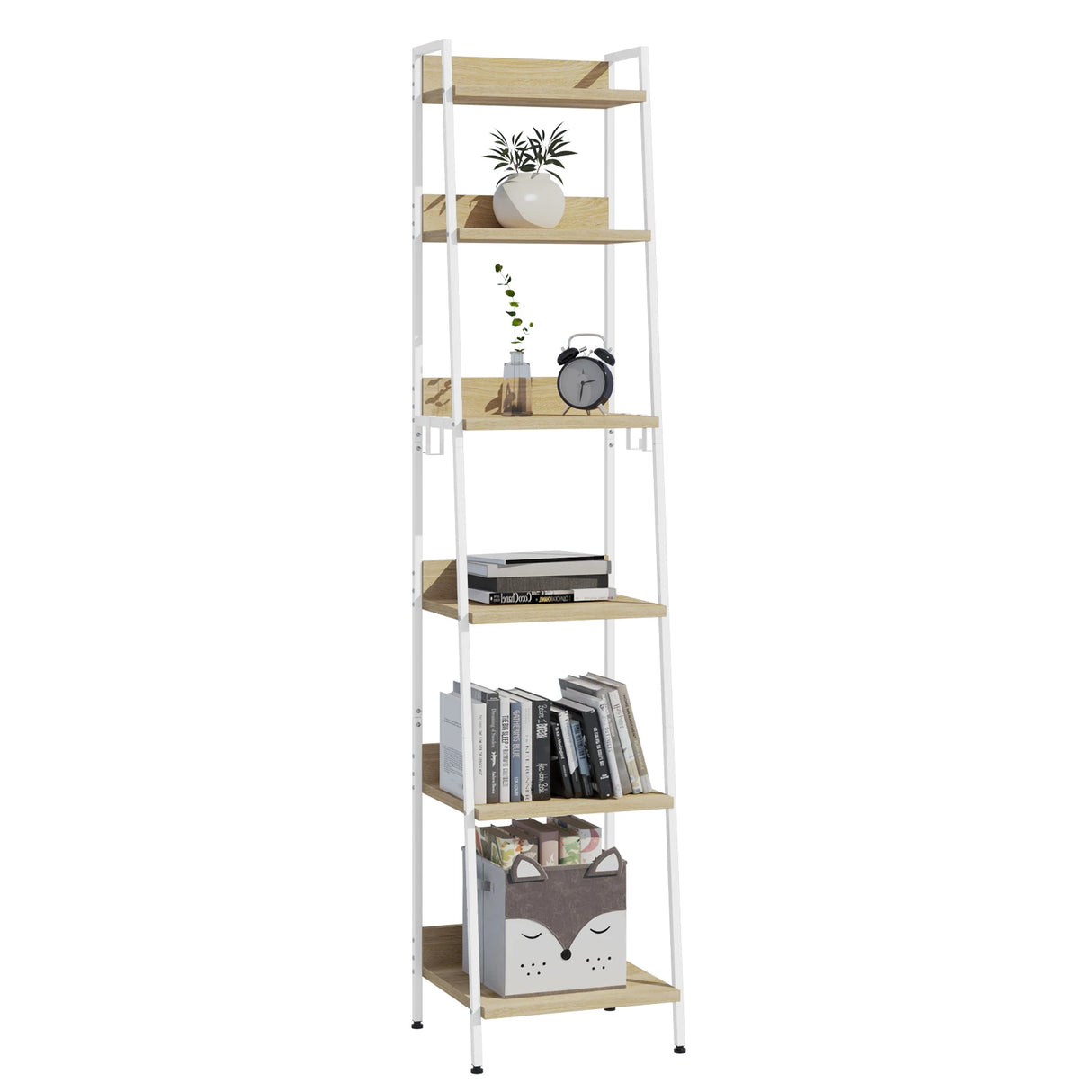 Industrieel ladderrek boekenkast van BukkitBow met 6 planken en 4 haken, gemaakt van zwart metaal, geschikt voor boeken en decoratie.