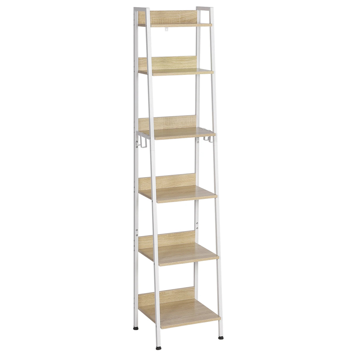 Industrieel ladderrek boekenkast van BukkitBow met 6 planken en 4 haken, gemaakt van metaal, geschikt voor stijlvolle opslag.