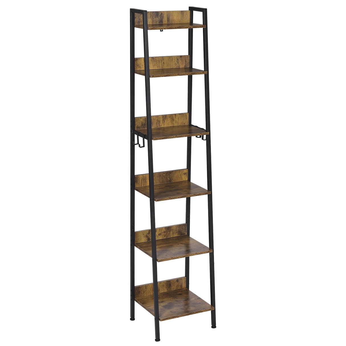 Industriele BukkitBow ladderrek boekenkast met 6 planken en 4 haken van metaal, geschikt voor woon- of kantoorruimte