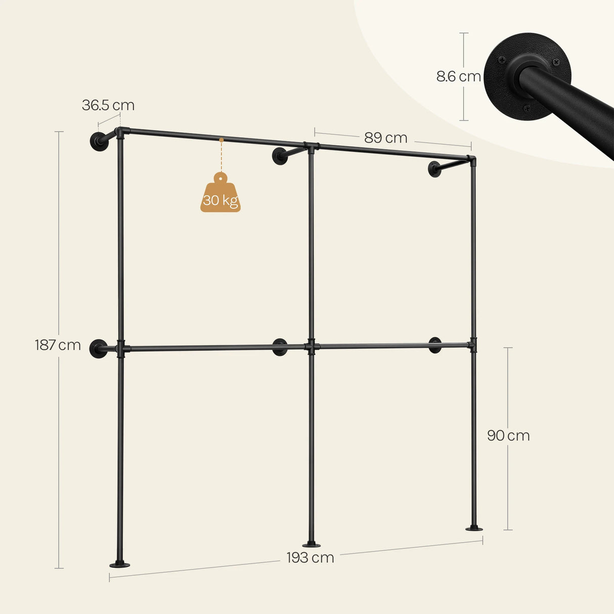 Industrieel wandmontage kledingrek van BukkitBow, open metalen ontwerp voor kleding en accessoires.