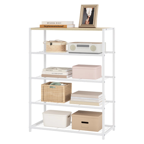 Industrieel schoenenrek van BukkitBow met houtlook bovenblad en metalen frame, geschikt voor het organiseren van schoenen.