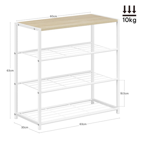 Industrieel schoenenrek van BukkitBow met houten bovenblad en metalen frame voor een stoere uitstraling.