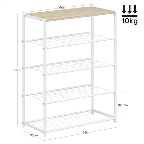 Industrieel schoenenrek van BukkitBow met houten bovenblad en metalen frame, geschikt voor schoenen en accessoires.