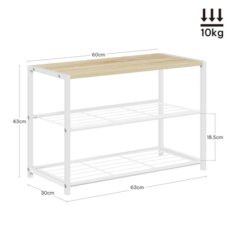 Industrieel schoenenrek van BukkitBow met houten bovenblad en metalen frame, geschikt voor het organiseren van schoenen.