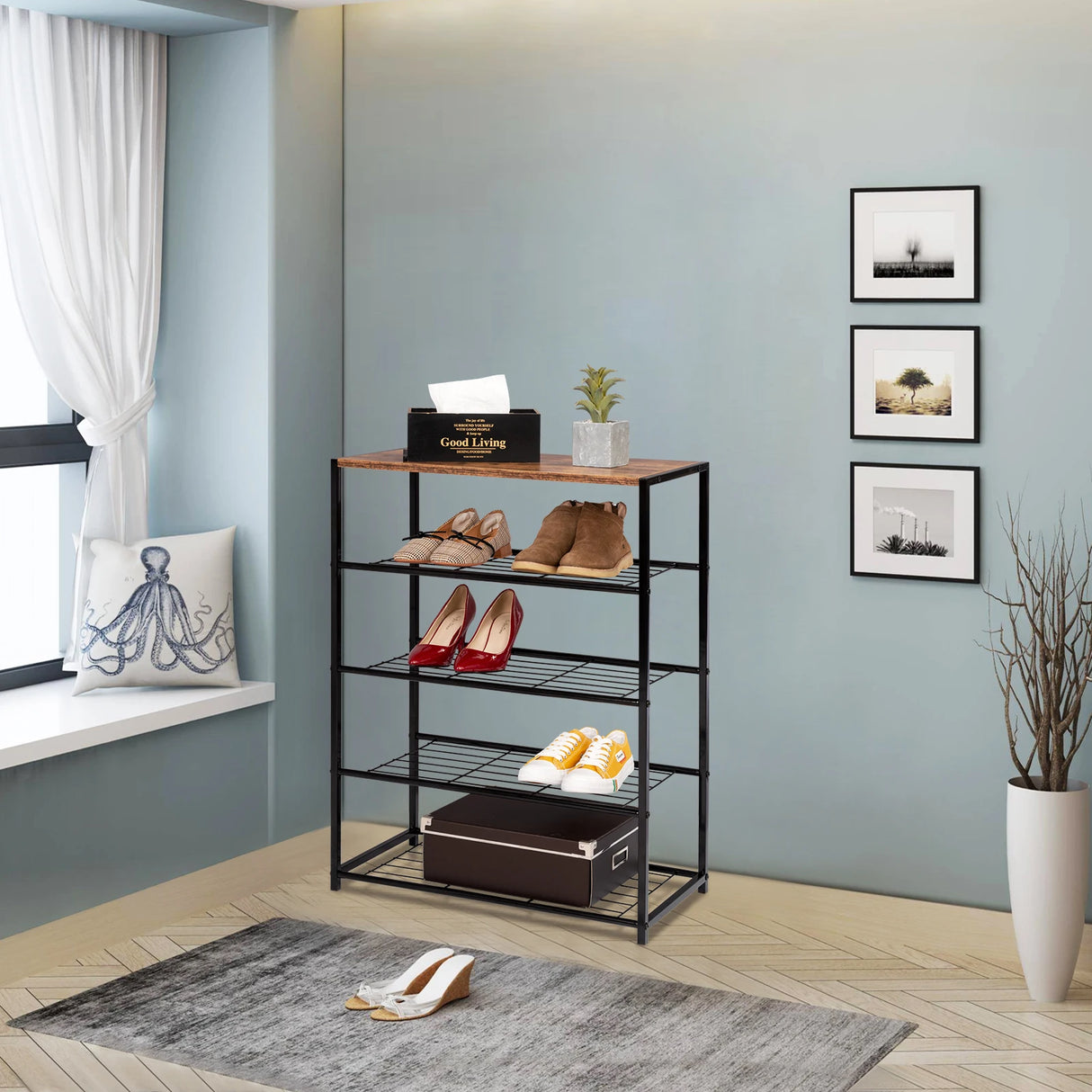 BukkitBow industrieel schoenenrek met zitting, 4 niveaus van metaal, zwart en robuust ontwerp voor schoenen en accessoires