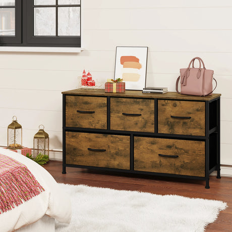 BukkitBow industrieel TV-meubel en ladekast met 5 stoffen laden in vintage stijl, houtlook en metalen details.