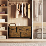 Industrieel BukkitBow TV-meubel en ladekast met 5 stoffen laden in vintage look, zwart metalen frame en houten details