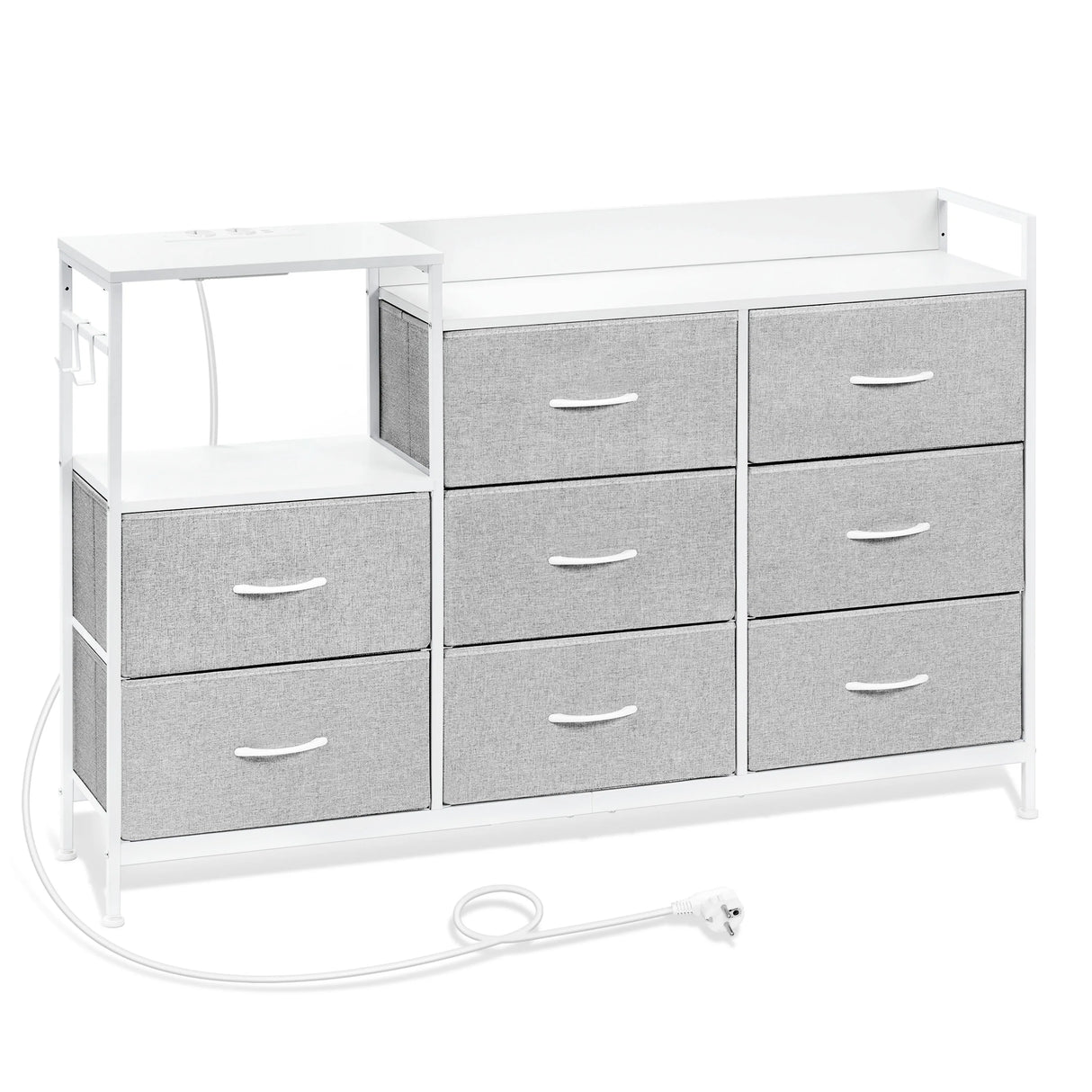 Industriële BukkitBow commode met 8 laden en ingebouwd stopcontact, zwart metalen frame en houten afwerking, modern dressoir.