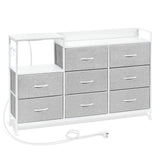 Industriële BukkitBow commode met 8 laden en ingebouwd stopcontact, zwart metalen frame en houten afwerking, modern dressoir.