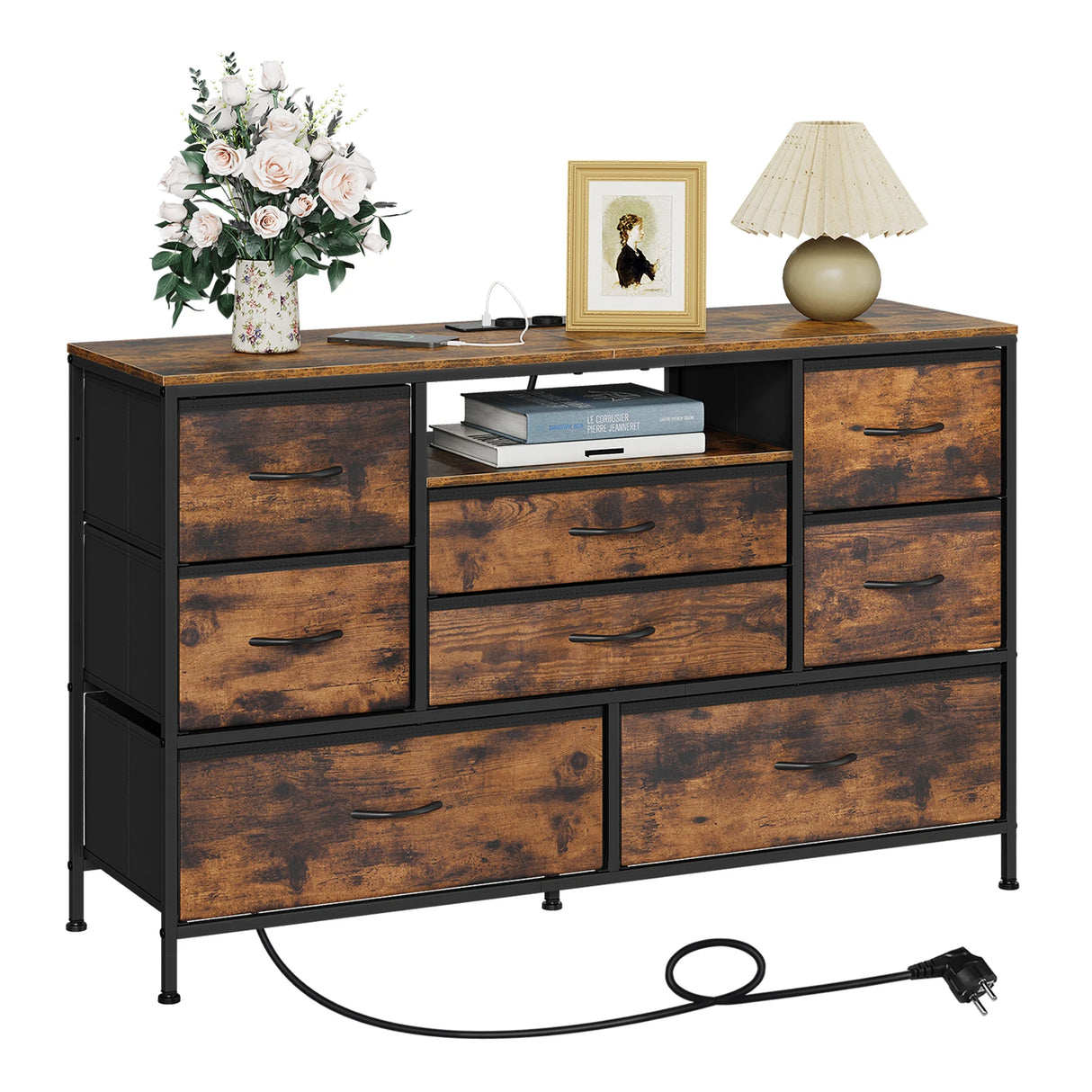 Industriële BukkitBow commode met 8 laden, stopcontacten en LED-verlichting, moderne dressoir voor woonkamer of kantoor.