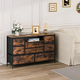 Industriële BukkitBow commode met 8 laden, stopcontacten en LED-verlichting, zwart metalen frame en houten fronten