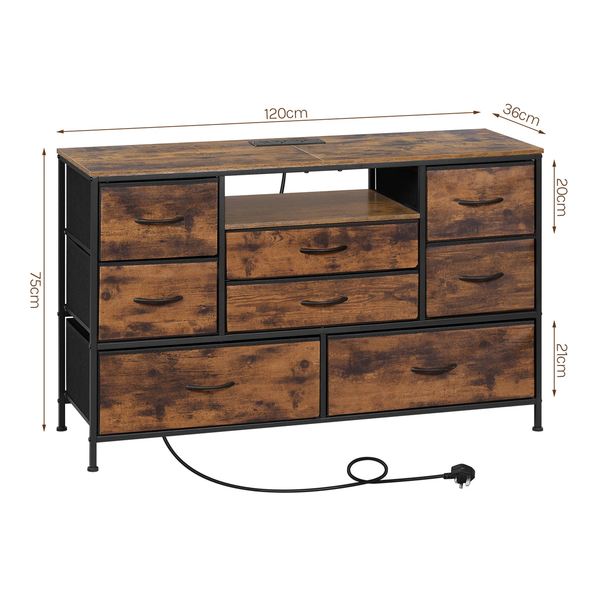 Industriële BukkitBow commode met 8 laden, stopcontacten en LED-verlichting, modern dressoir voor woonkamer of kantoor