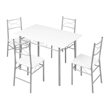Industriële eethoek van BukkitBow met houten tafel en vier bijpassende stoelen in compact design.
