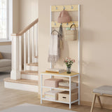Industriele garderoberek van BukkitBow met zitbank en 7 haken, houtlook kapstok voor entree of hal.