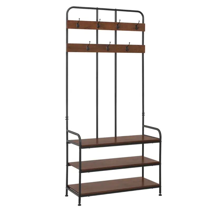 Industriële BukkitBow kledingrek met 7 haken, schoenenrek en garderobe organizer, zwart metalen frame, afmetingen 84x180x36 cm