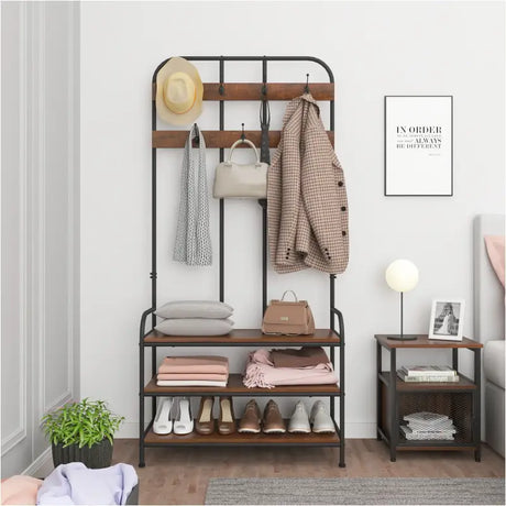 Industriele kledingrek van BukkitBow met 7 haken, schoenenrek en garderobe organizer, 84x180x36 cm, geschikt voor jassen, sjaals en hoeden.