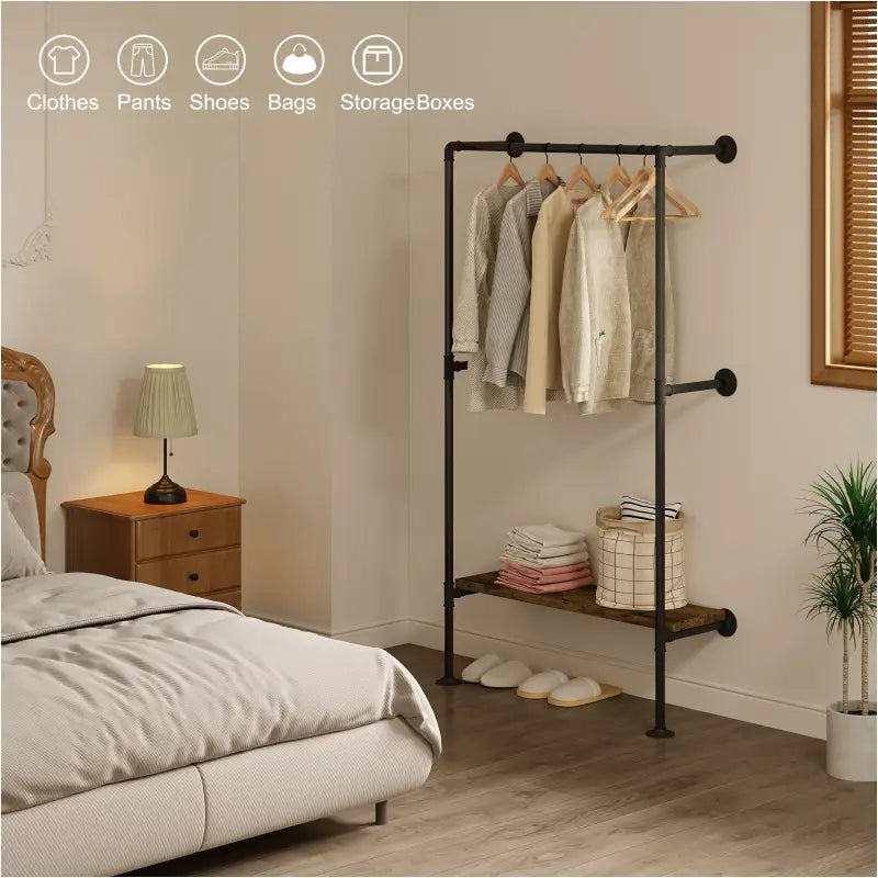 Industriële BukkitBow kapstok met zwart metaal en vintage hout, open ontwerp, hoge kledingrail, max 100 kg, afmetingen 103x30x183.5cm.