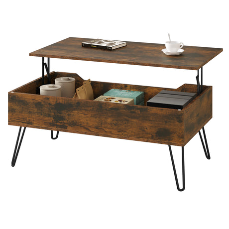 Industriële BukkitBow salontafel met liftfunctie en verborgen opbergruimte, modern design en stevige constructie.