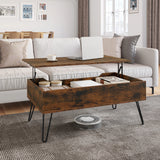 Industriële BukkitBow salontafel met liftfunctie en verborgen opbergruimte, modern design, houten oppervlak en metalen frame.