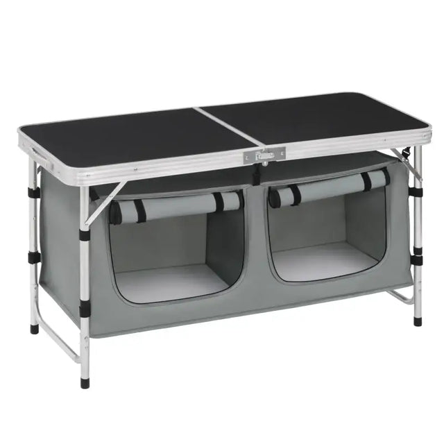 BukkitBow inklapbare campingtafel met stevig blad, geschikt voor 4-6 personen, afmetingen 120x47x62/69,5 cm, maximale belasting 30 kg.