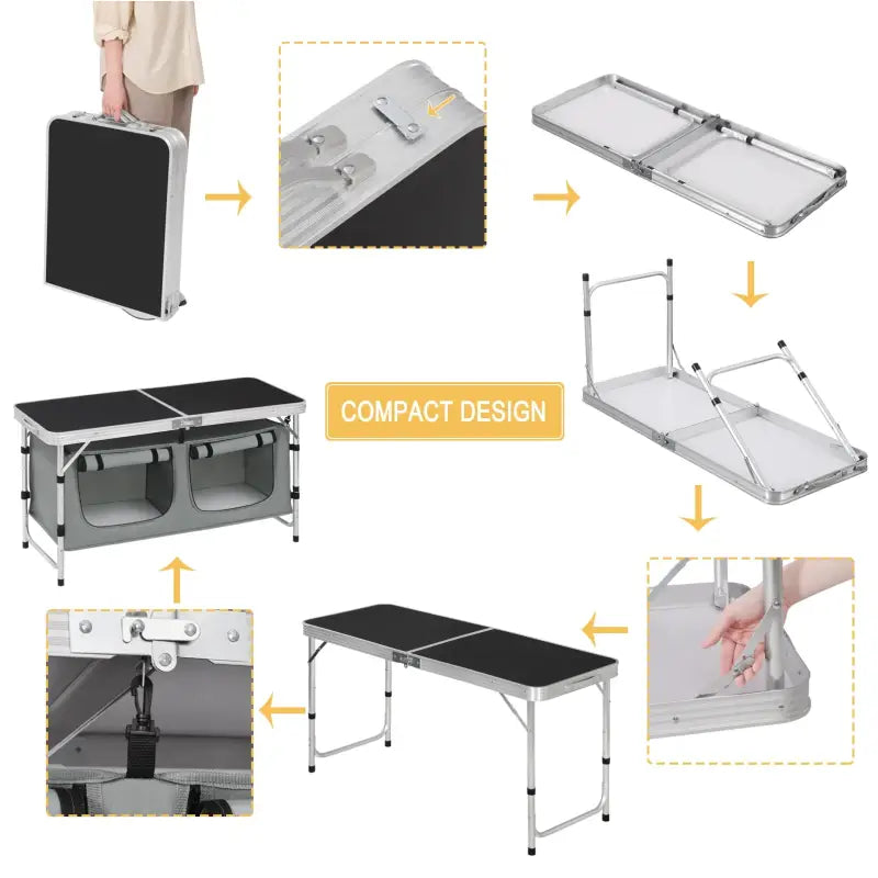 BukkitBow inklapbare campingtafel met stevig blad, geschikt voor 4-6 personen, 120x47x62/69,5 cm, maximale belasting 30 kg