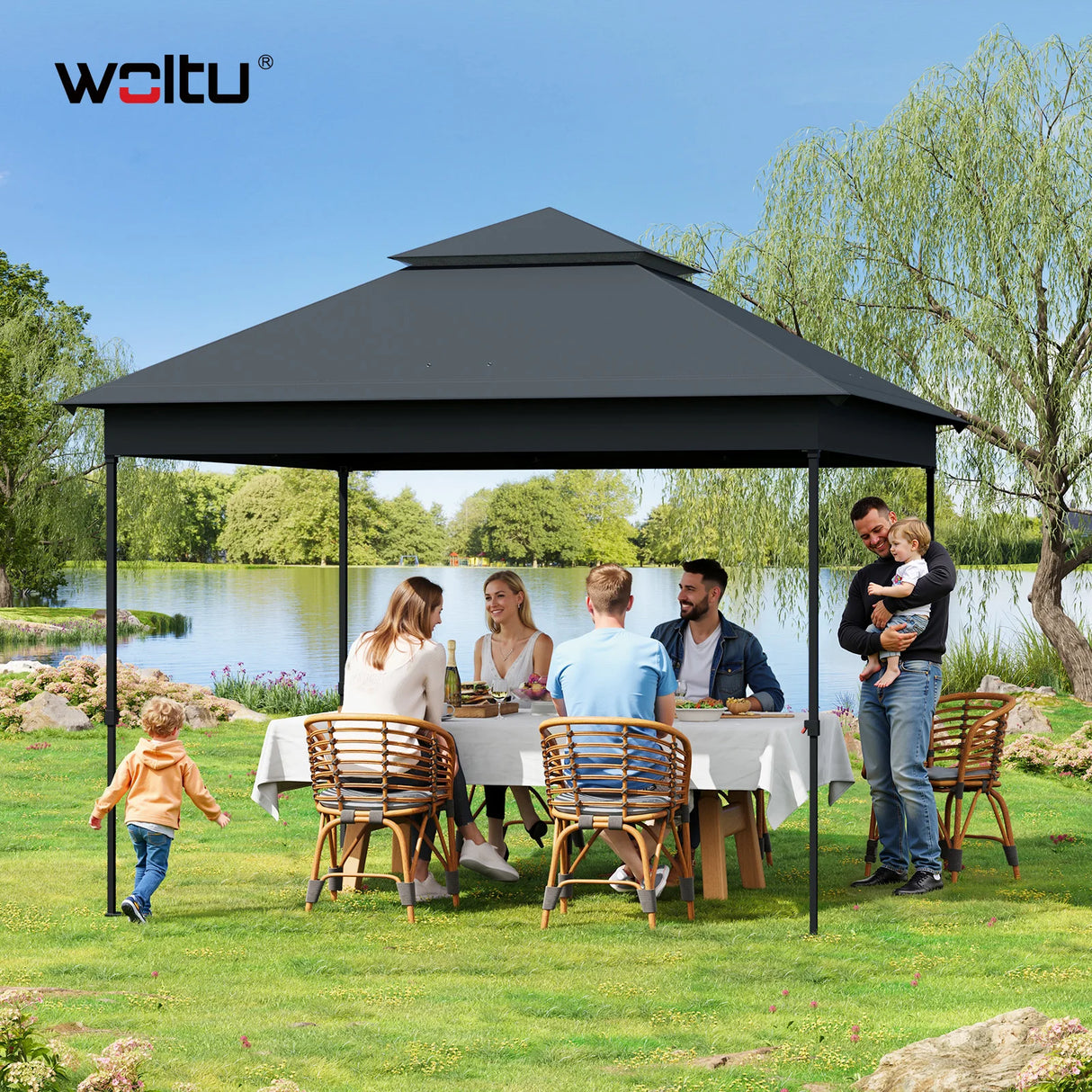 Inklapbare BukkitBow partytent 3x3m met dubbel dak en muggennet, geschikt voor buitenfeest of evenement