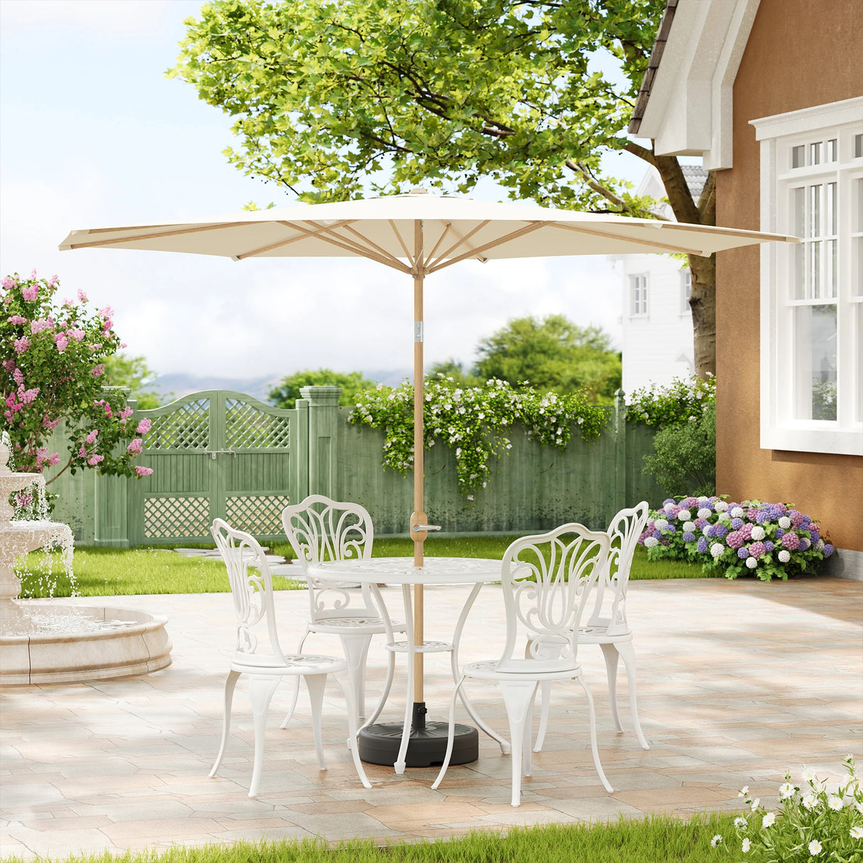 Kantelbare BukkitBow tuinparasol met sling, 300cm, UV-bescherming, geschikt voor tuin of terras, in neutrale kleur.