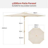 Kantelbare BukkitBow tuinparasol met slinger, 300cm, UV-bescherming, geschikt voor buiten, in een tuinomgeving, stevig en stijlvol.