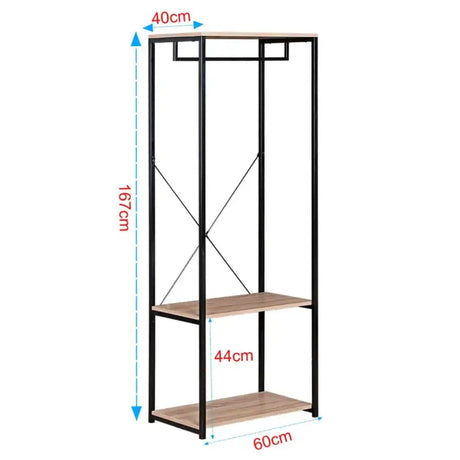 BukkitBow kledingrek met staal en hout, inclusief 2 opbergplanken, maximale draagkracht 20 kg, afmetingen 60x40x167 cm.