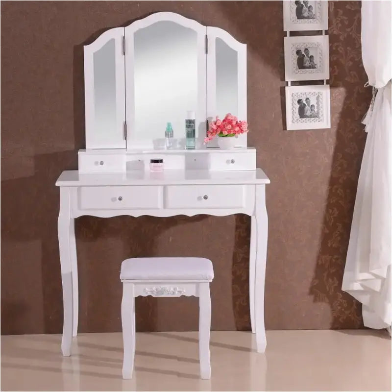 BukkitBow kaptafel met 3-delige spiegel, 4 lades en bijpassende kruk, stijlvolle make-up tafel in zwart en houtlook.