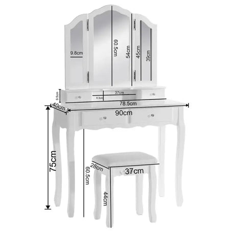 BukkitBow kaptafel met 3-delige spiegel, 4 lades en kruk, compacte make-up tafel met houten afwerking en ruime opbergmogelijkheden