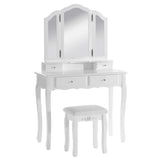 BukkitBow kaptafel met 3-delige spiegel, 4 lades, inclusief kruk, make-up tafel, afmetingen 90x145x40 cm, in een lichte kamer