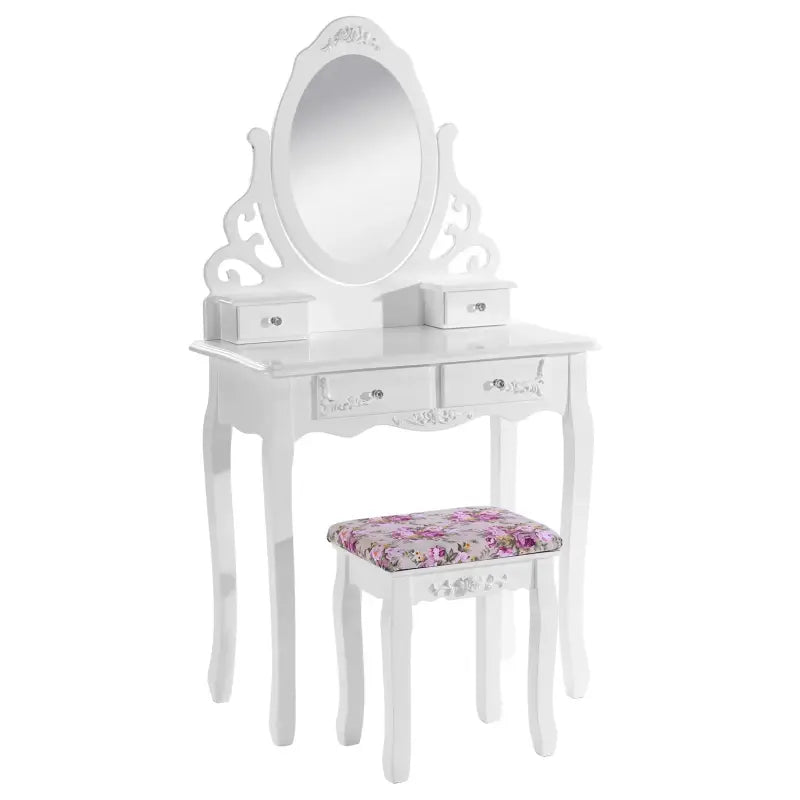 BukkitBow kaptafel met spiegel, vier lades, bijpassende kruk, afmetingen 75x139x40cm, elegante make-up tafel met opbergruimte.