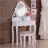 BukkitBow kaptafel met spiegel, vier lades en kruk, grote make-up tafel met houten frame, afmetingen 75x139x40cm.
