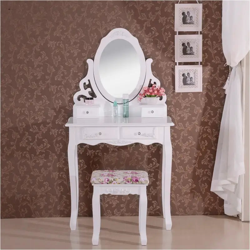 BukkitBow kaptafel met spiegel, 4 lades, inclusief kruk, moderne make-up tafel met afmetingen 75x139x40cm.