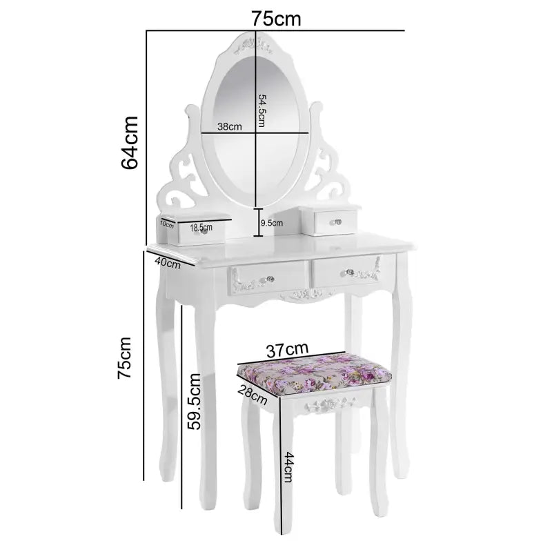 BukkitBow kaptafel met spiegel, 4 lades en kruk, stijlvolle make-up tafel van 75x139x40cm voor beauty en verzorging.