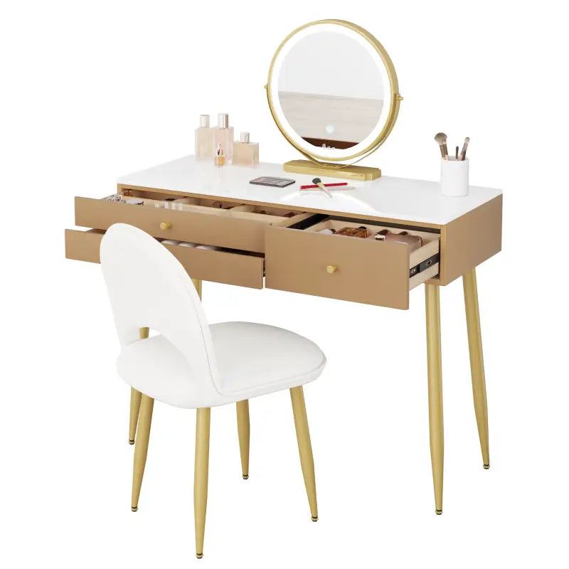 BukkitBow make-up tafel met LED-verlichting, ronde spiegel, 3 grote laden en bijpassende kruk in 100x80x40cm.