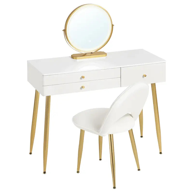 BukkitBow make-up tafel met LED verlichting, ronde spiegel, drie grote laden en bijpassende kruk, afmetingen 100x80x40cm