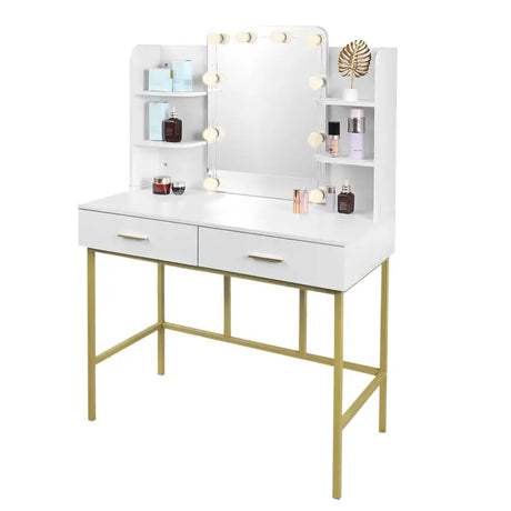 BukkitBow kaptafel met spiegel en LED-verlichting, afmetingen 90x75x45 cm, houten make-uptafel voor dames.