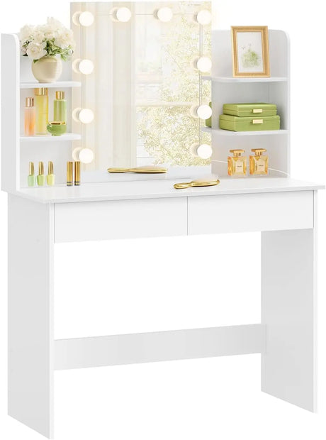 BukkitBow kaptafel van massief hout en kunststof met LED-spiegel, geschikt voor slaapkamer, elegant en functioneel design.