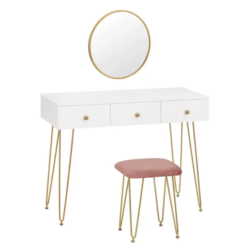 BukkitBow kaptafel met krukje en spiegel, gouden poten, afmetingen 100x40x80cm, houten meubel voor make-up en beautyroutine