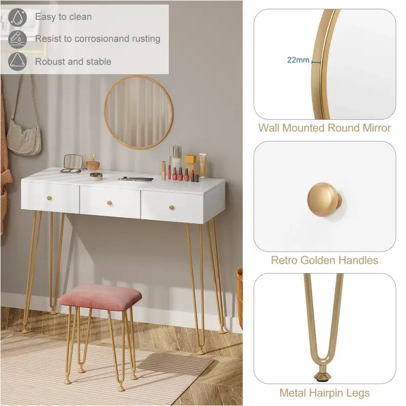 BukkitBow kaptafel met spiegel en krukje, gouden poten, afmetingen 100x40x80cm, stijlvolle houten make-up tafel.