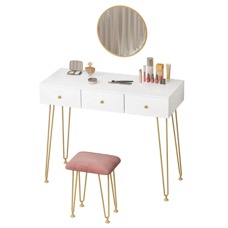 BukkitBow kaptafel met spiegel en krukje, houten tafel met gouden poten, afmetingen 100x40x80cm, stijlvolle make-up tafel.